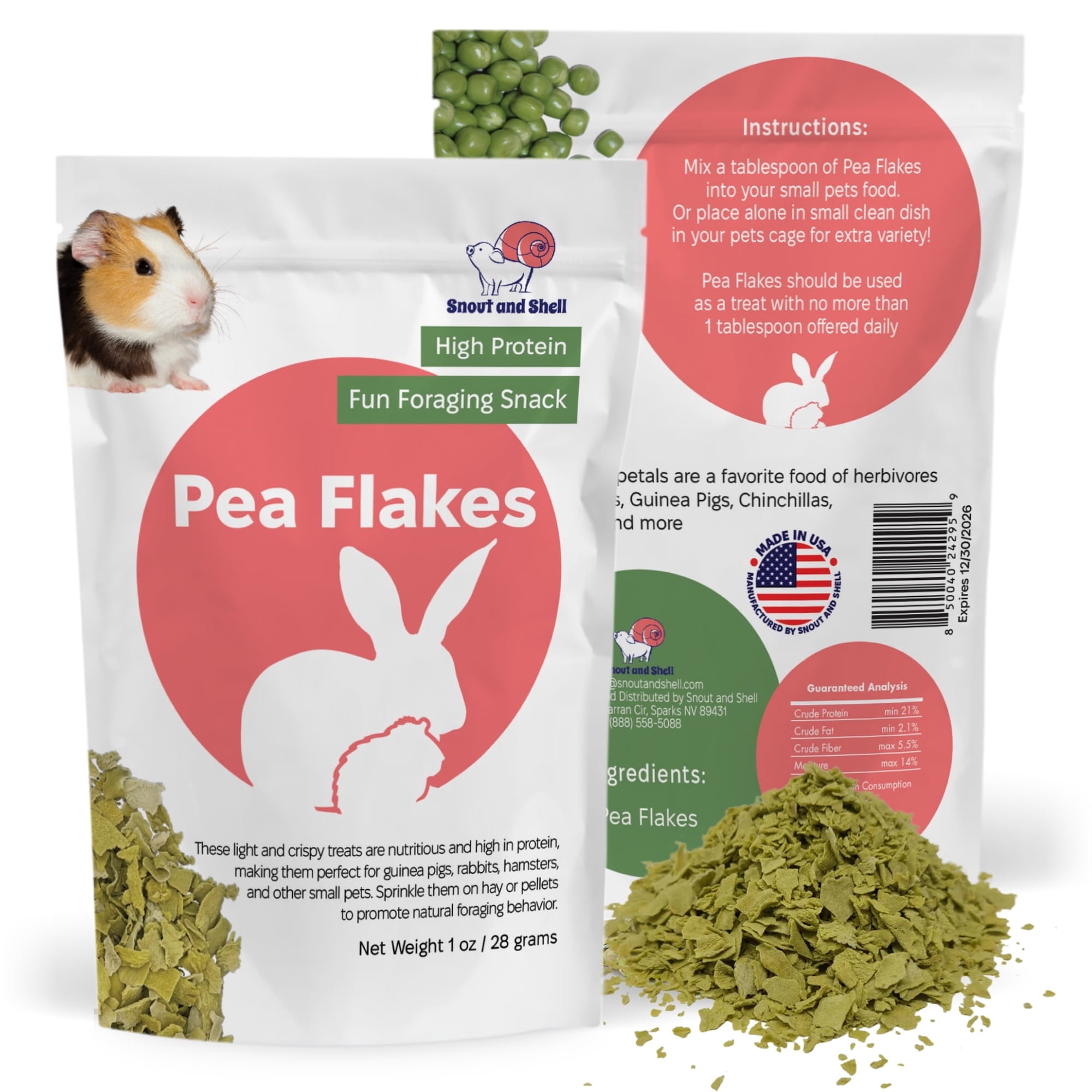 Snout and Shell Pea Flakes for Small Pets – High-Protein Treat for Guinea Pigs, Rabbits, Hamsters, Chinchillas & More – Fun Foraging Snack – 2 oz (28g)