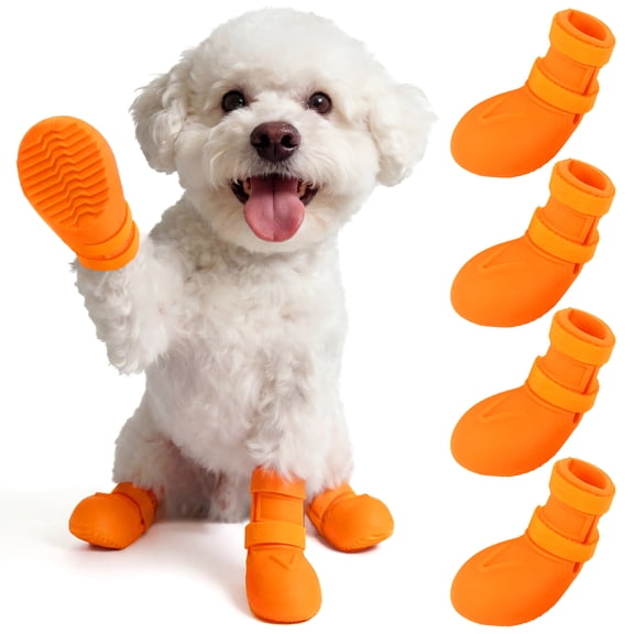 IDOMIK Dog Rain Boots 4-Pack, Waterproof Silicone Paw Protectors, Anti-Slip Sole, Double Hook & Loop Straps, Orange, L