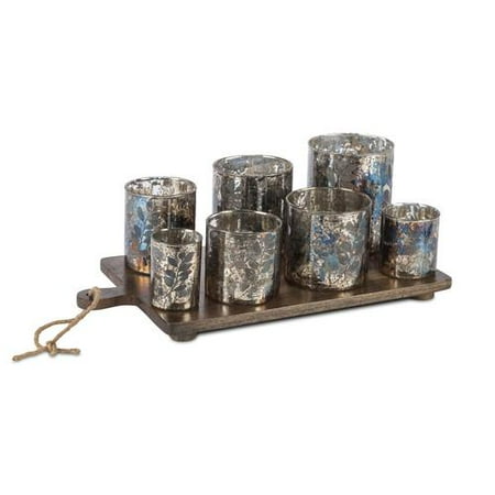 - Set of 7 Smoke Gray Vineyard Pedestal Designed Glass Candle Cups with Tray 18