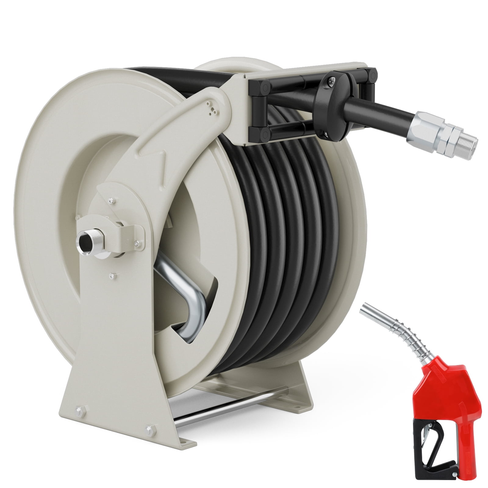 Fuel Hose Reel 3/4 Inch x 66ft with Fueling Nozzle, Diesel Fuel Hose Reel 300PSI Retractable Industrial Heavy Duty Swivel Steel Construction Reel for Ship Vehicle Tank Truck Trailer Cart, Silver