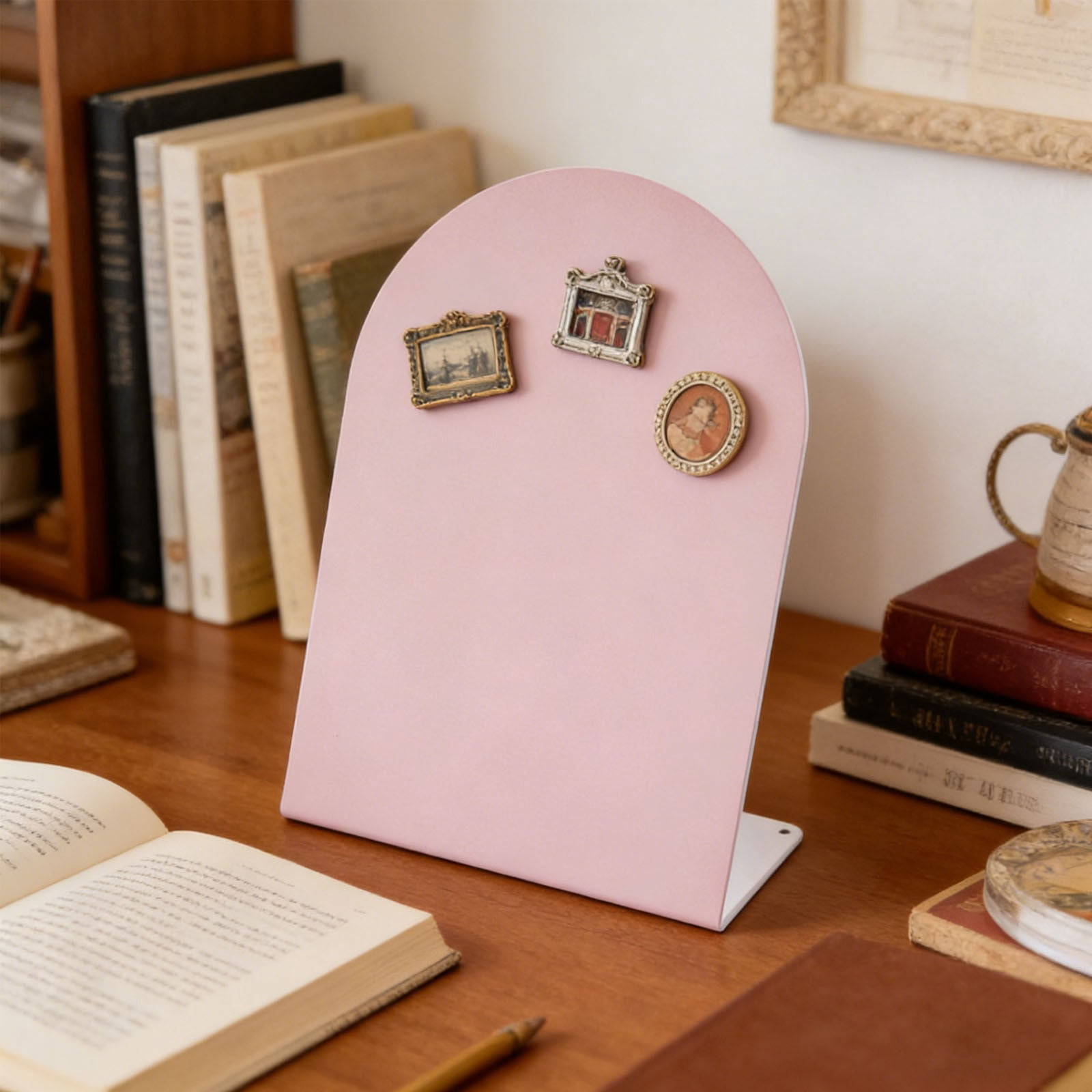 Pink Arched Top Magnetic Bulletin Board for Tabletops 11x7.8" Memo Display Easel Stand for Notes Photos Magnets Office Home School Desk Decor and Organization