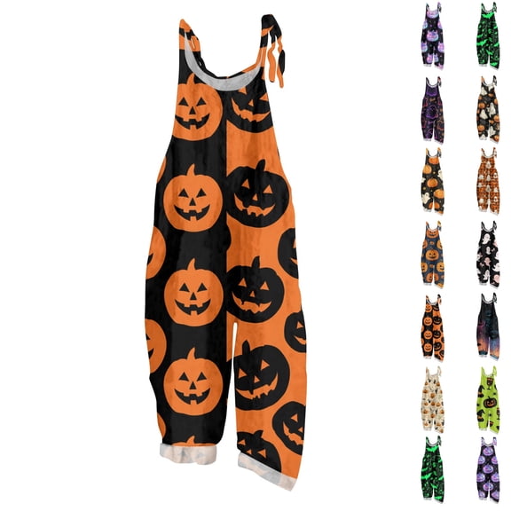 Halloween Jumpsuits for Women Ghost Print Sleeveless Romper One Piece Wide Leg Pants Adjustable Strap Loose Fit Costume Party Outfit,#01 Orange,XL