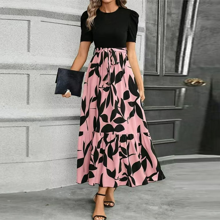 Hajwoh Summer Dresses for Women Vestidos Elegantes Puff Sleeve Flowy Church Floral Dress Casual Maxi Dresses with Belt Fashion Sundresses Pink M Hajwoh Summer Dresses for Women Vestidos Elegantes Puff Sleeve Flowy Church Floral Dress Casual Maxi Dresses with Belt Fashion Sundresses Pink M