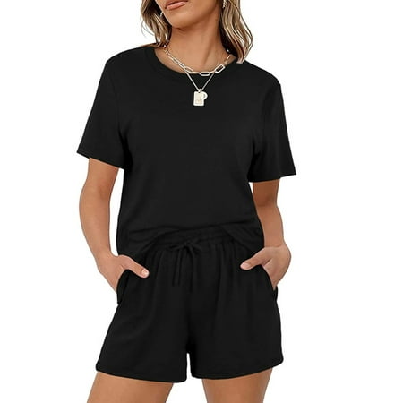 

Niuer Ladies Lounge Sets Drawstring Sleepwear Elastic Waist Nightwear Casual Pajamas Short Sleeve Nightgown Black M