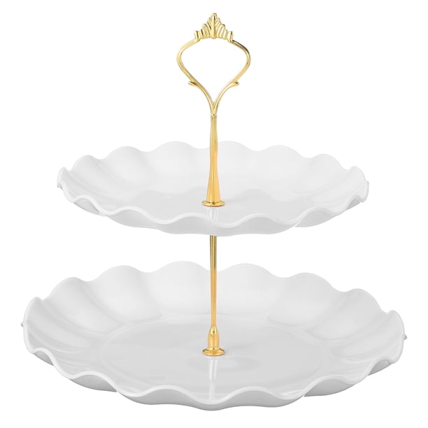 Soporte para cupcakes de 2 niveles Uxcell, bandeja de servicio redonda de 20/25 cm para cupcakes, decoración de mesa de frutas y postres para fiestas de cumpleaños, blanca (Ripple)