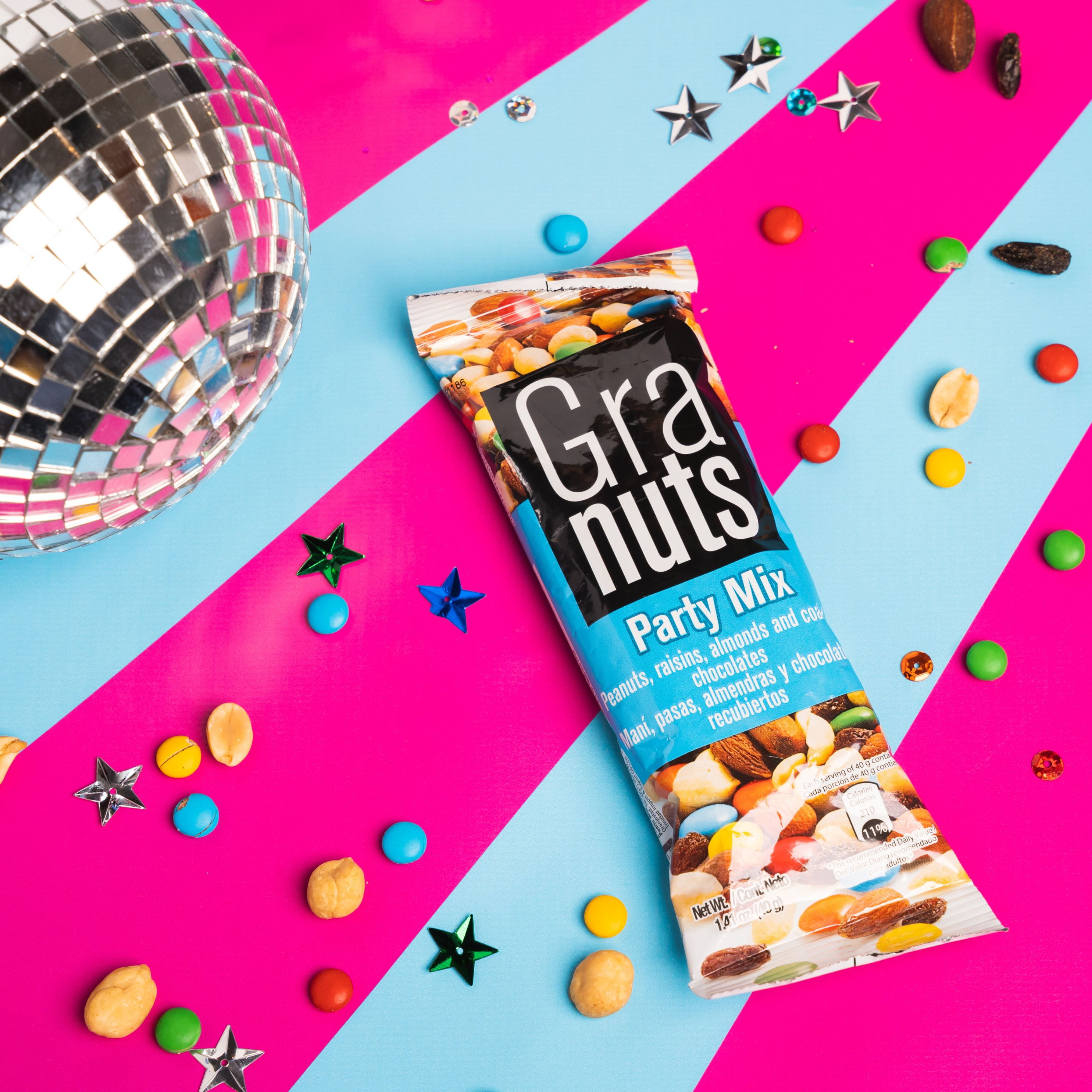 Granuts Party Mix, 1.41 oz Bag – Contains peanuts, almonds, and gluten (allergens). Shellfish-free.