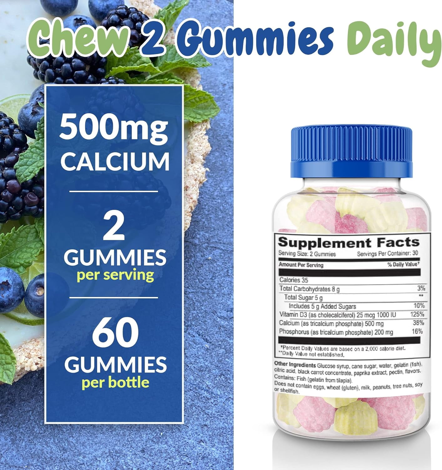 Health Supplied Calcium 500mg with Vitamin D3 1000 IU Gummies, Orange and Raspberry, 120 Count
