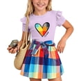 thumbnail image 2 of IFNWSV Girls 2 Piece Outfits Short Sleeve Round Neck Heart Print Top and A Line Plaid Skirt Summer Casual Set Purple 3-4 Years, 2 of 7