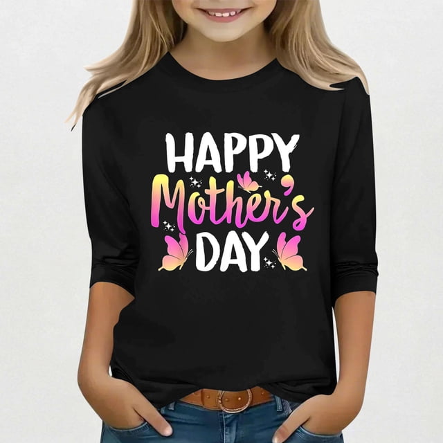 Robe Imprimée Fête des Mères pour Enfants Manches 3/4 / Col Rond Trois Quarts