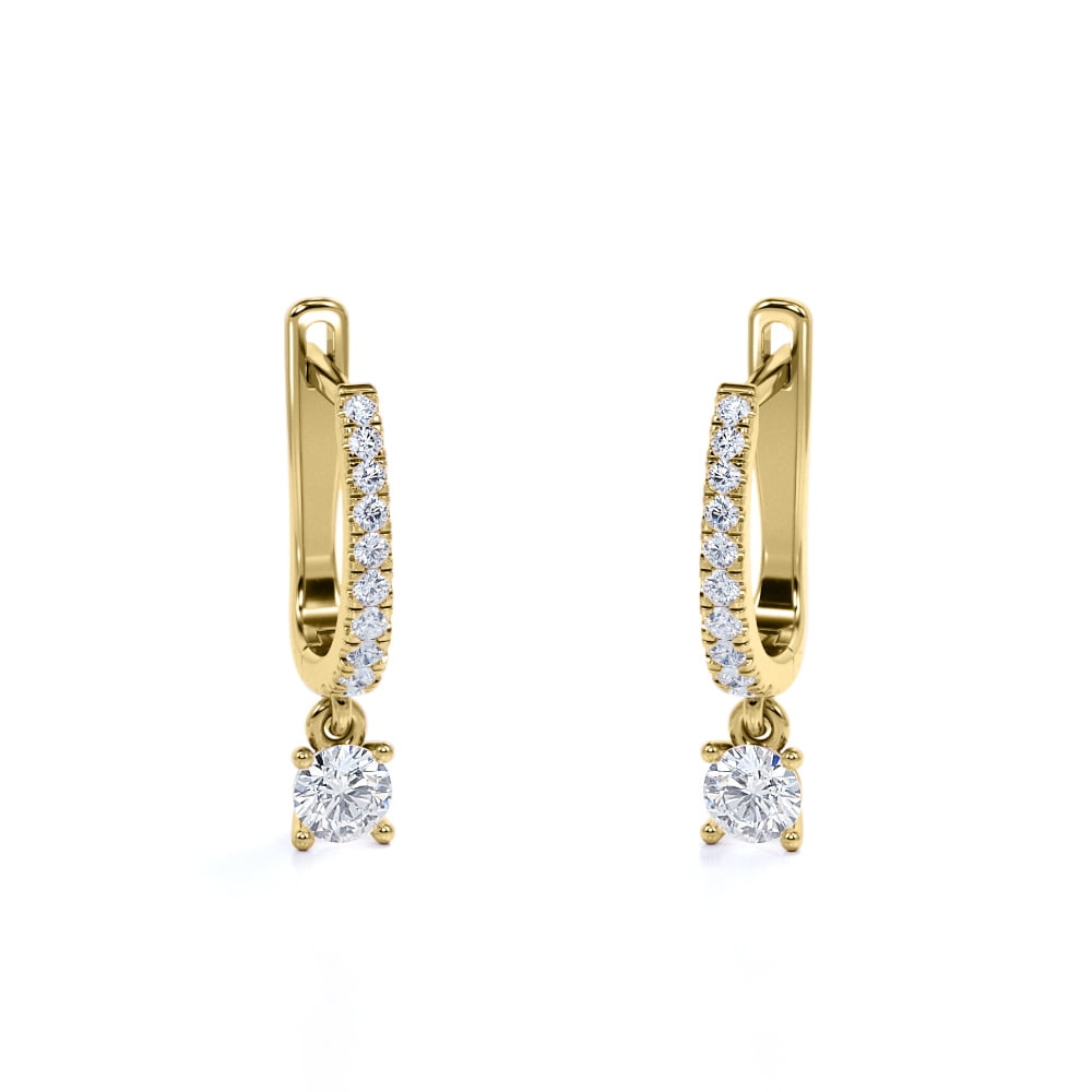 1 Carat Round Brilliant Cut Diamond and Moissanite - 4 Prong Pave Set Huggie Hoop Earrings - 18K Yellow Gold Plating over Silver