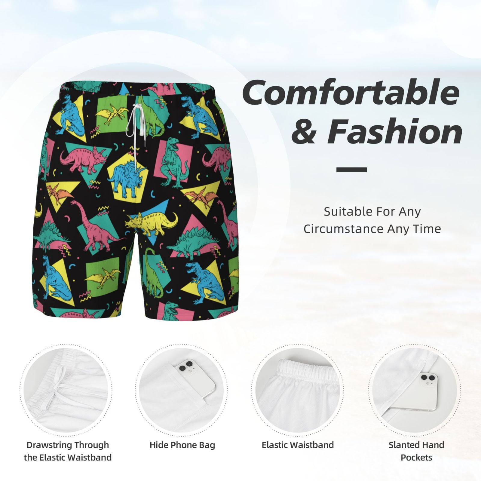 Xecao Geometric Dinosaur for Men's Swimming Trunks Swim Trunks Quick Dry Swim Shorts with Mesh Lining Funny Swimwear Bathing Suits