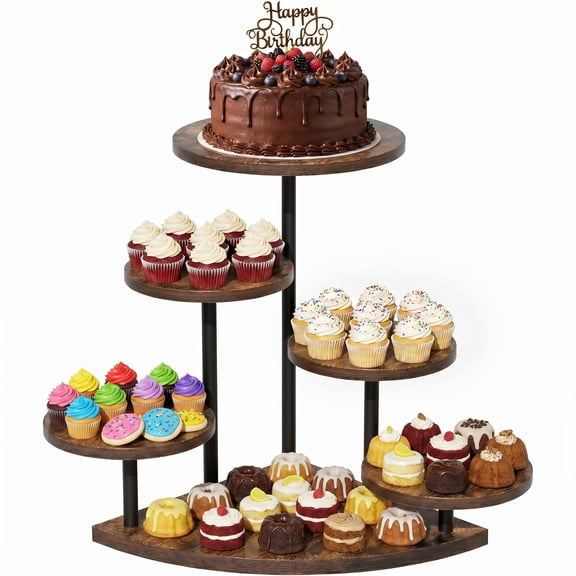 Cake Stand Holds 102 Cupcakes, BECOKOME Cupcake Stand Dessert Table Display Set 6 Tiered Serving Tray, Wood Cake and Cup Cake Stand Combo for Party Wedding Birthday