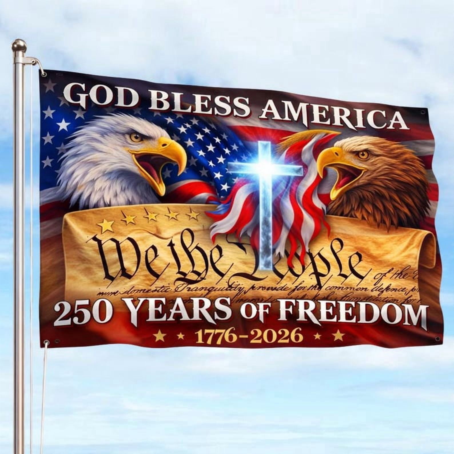 250 Years God Bless America 3x5ft Flag 1776–2026, USA 250th Anniversary Patriotic Banner, Commemorative Semiquincentennial Outdoor Decor, Single-Sided
