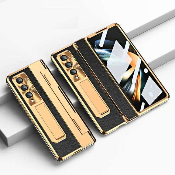 Haobuy Compatible with Samsung Galaxy Z Fold 5 Leather Case with Screen Protector Hinge Protection Shockproof Case-Black Gold