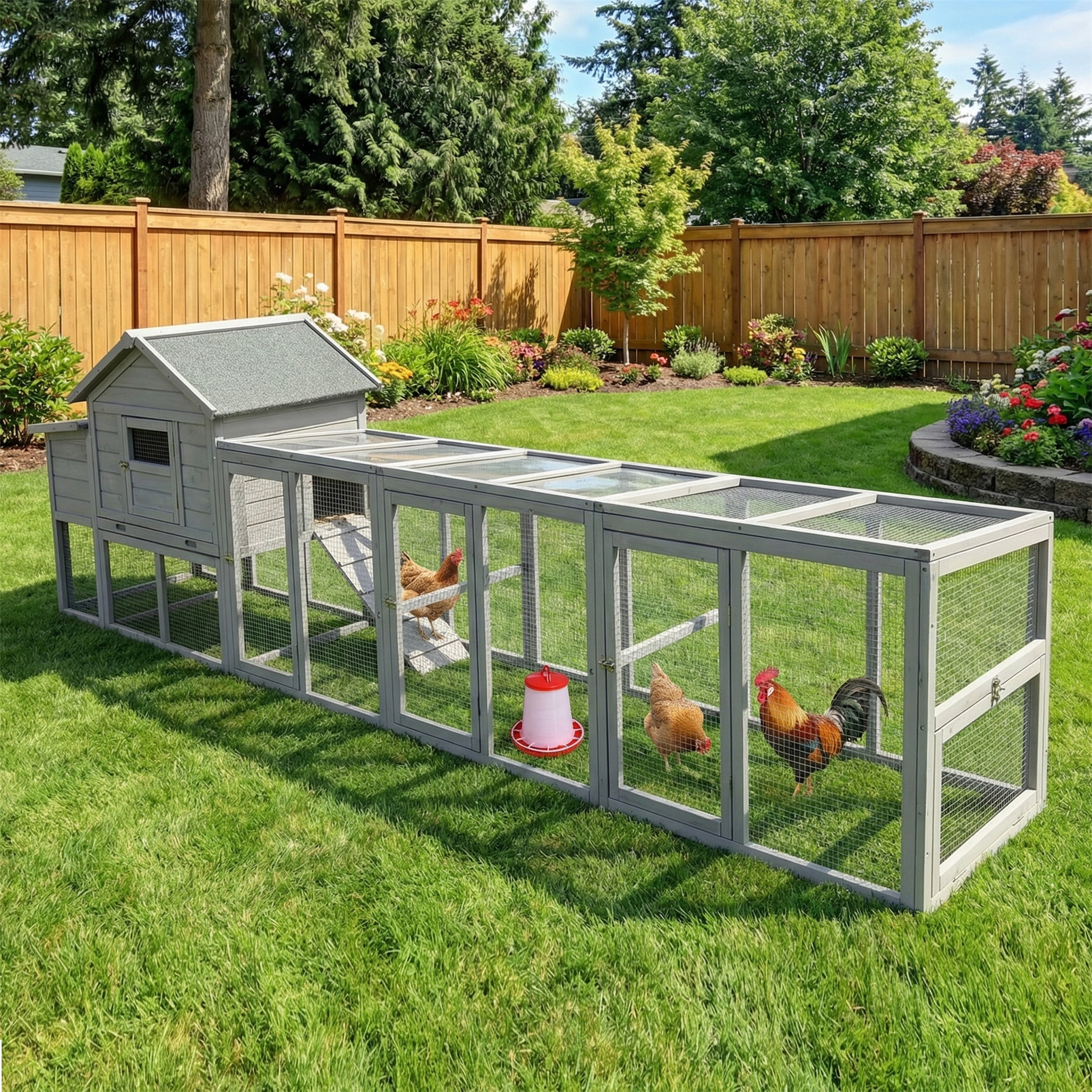 Aukfa 141" Extra Long Chicken Coop Wooden 2 Tier Chicken Run Cage with Nesting Boxes, UV Panel, Free-range Door for Outdoor, Backyard, Gray