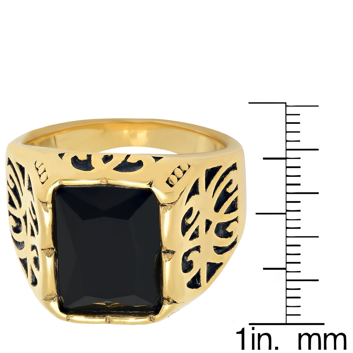 Men's 18K Gold Plated Stainless Steel Gothic Style Ring With Black Simulated Diamond
