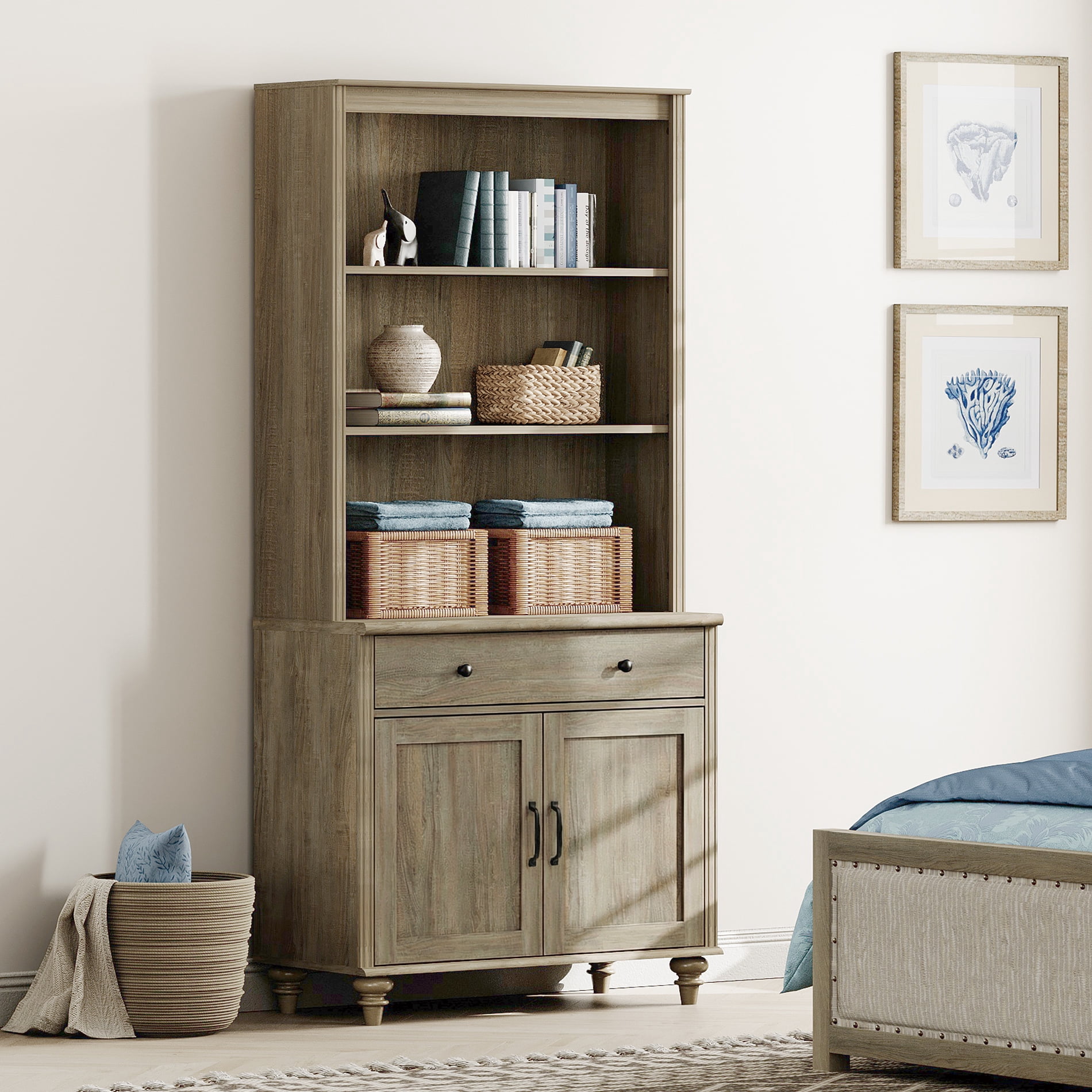 Farmhouse 5 Tier Bookcase With Drawer & Doors, Wash Gray, 33.9" W
