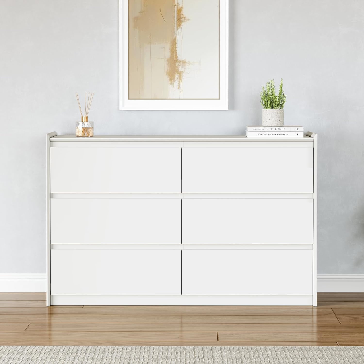 White Dresser for Bedroom, 47" Wide Chest of Drawers, Modern 6 Drawer Storage Organizer for Closet, Hallway, or Living Room