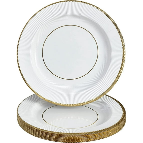 Silver Spoons DISPOSABLE ROUND RIPPLED RIM CHARGER PLATES - 10 PC - Gold/White