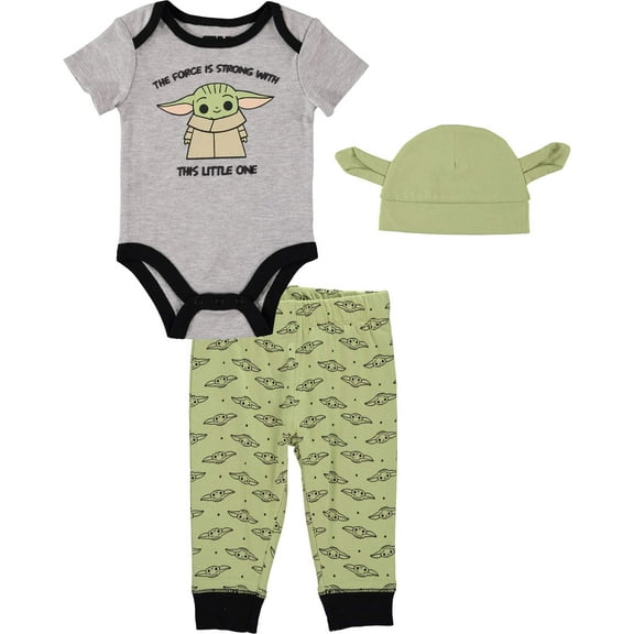 Star Wars The Mandalorian Baby Boys Bodysuit, Pants and Hat Clothing Set - Baby Yoda Baby Clothes Grey/Green/Black, 6-9M