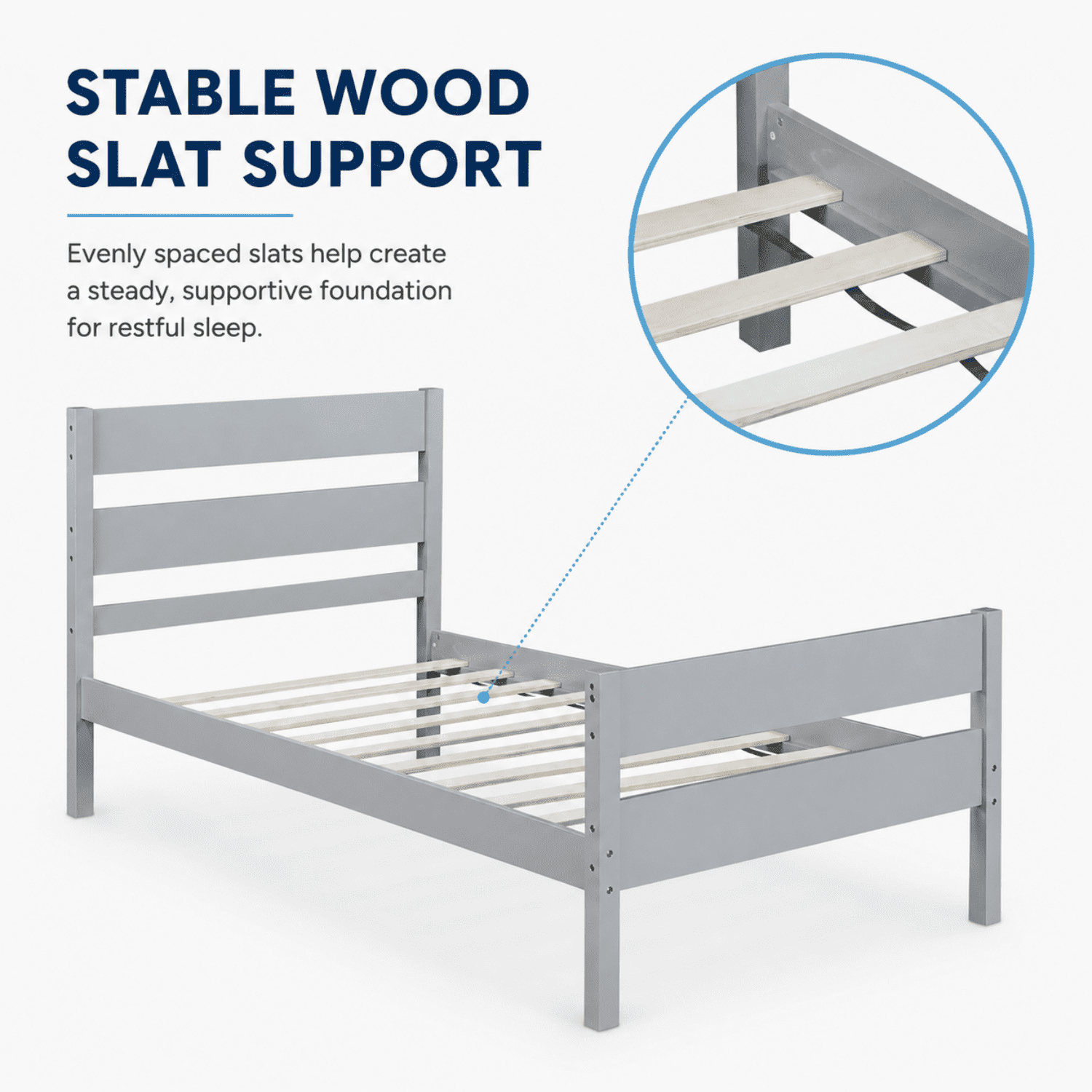 Miniyam Twin Bed Frame, Solid Rubber Wood Platform Bed with Headboard and Footboard, Gray