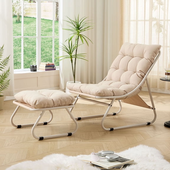 S-HOME Patio Outdoor Lounge Chair And Footstool, Cotton Cushion, Steel Frame, For Bedrooms And Reading Rooms, Indoor and Outdoor Use, Beige