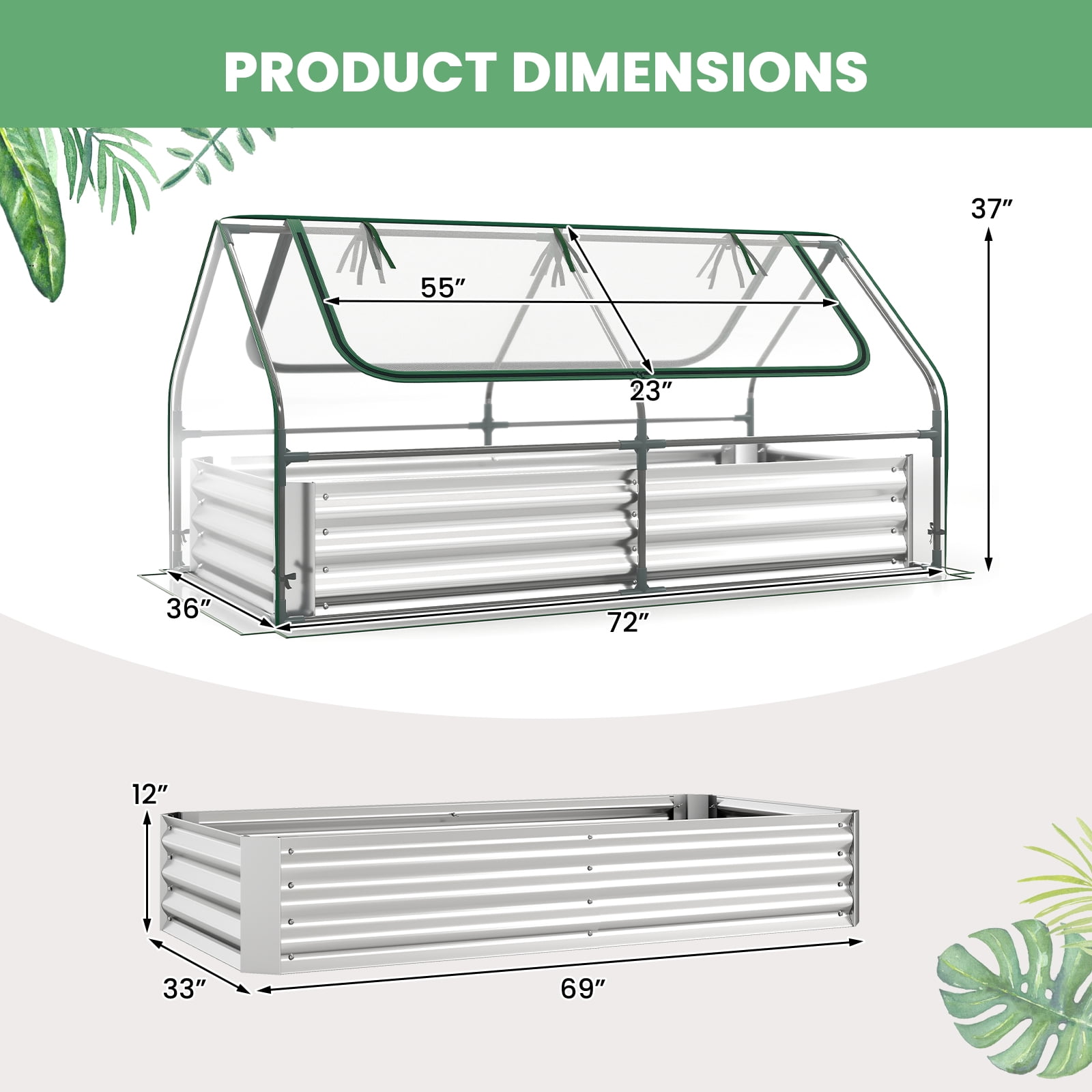 Gymax Galvanized Steel Raised Garden Bed Metal Planter Box Kit w/ Mini Greenhouse Cover