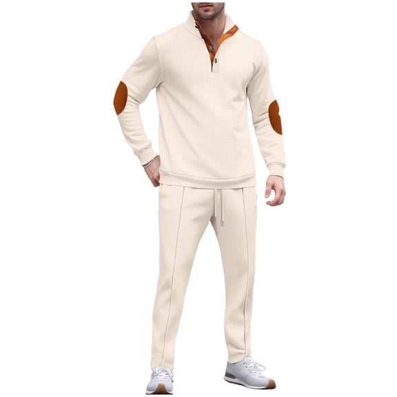 2 Piece Sets for Men Solid Stand Collar Long Sleeve Shirt with Elbow Patch and Drawstring Pants Set Casual Two Piece Tracksuit