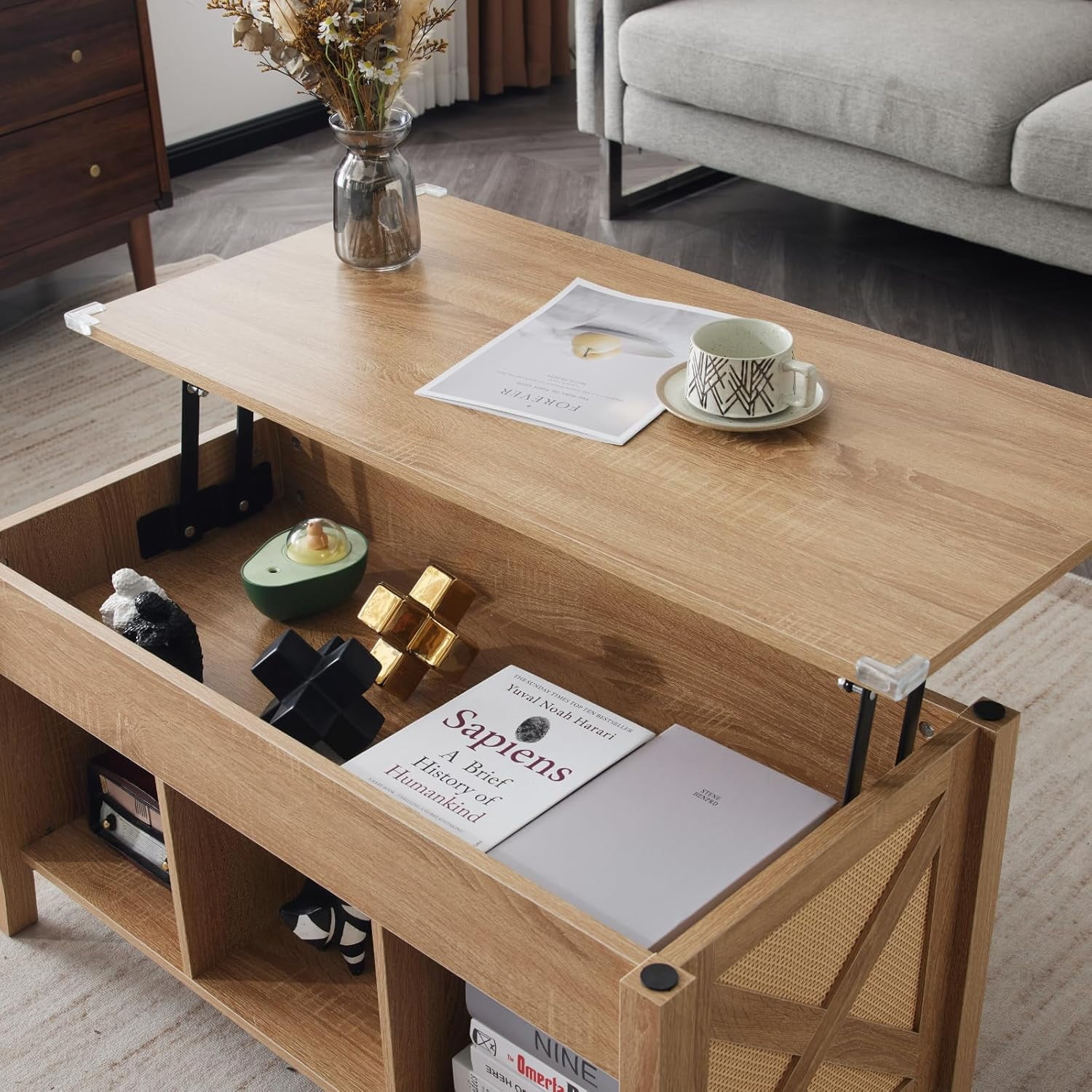 Ktaxon Mid-Century Lift Top Coffee Table, Multi-Functional Lift Tabletop Center Table for Living Room with Hidden Storage Compartment & 3 Cube Shelves, Walnut