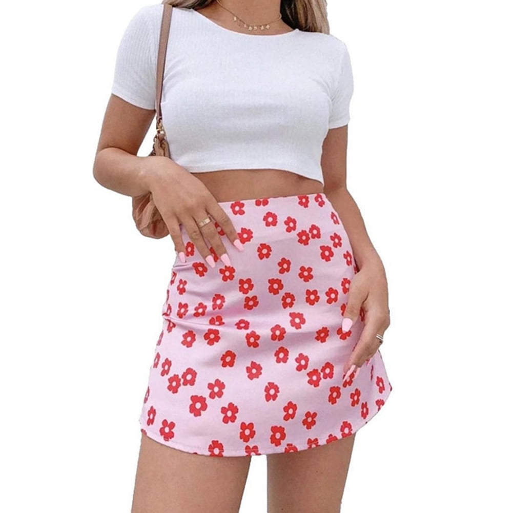M size pink with video new holiday style high waisted satin pink and purple floral printed A line short skirt Walmart