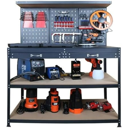 47.25 Inch Heavy Duty Workbench with Pegboard, Hooks, and Drawers - Sturdy Garage Work Table for DIY Projects, Home Workshop, and Tool Organization$$Tools & Hardware Other
