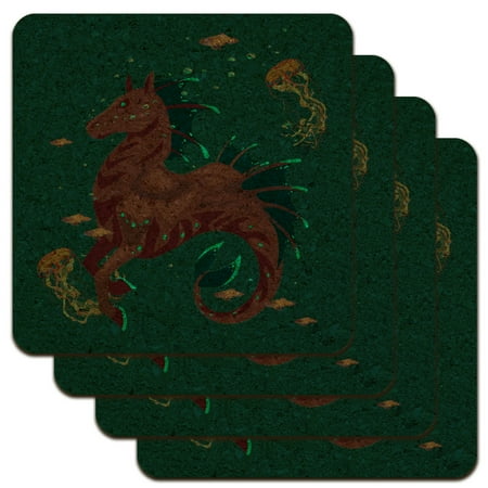 

Hippocampus Mythical Sea Horse With Fish Low Profile Novelty Cork Coaster Set