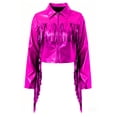 thumbnail image 3 of Haitryli Shiny Fringe Cropped Jacket for Women Long Sleeve Lapel Zip Up Western Style Biker Outerwear Hot Pink L, 3 of 6
