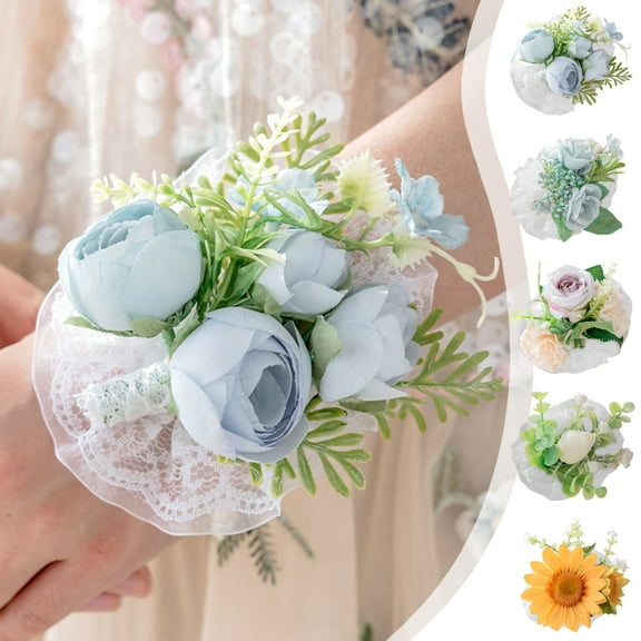 Yhmxh Wedding Bride Rose Wrist Corsage White Bridesmaids Wrist Flower Flowergirl Hand Floral Decor Bridal Prom Party Accessories for Women and Girls (Blue)