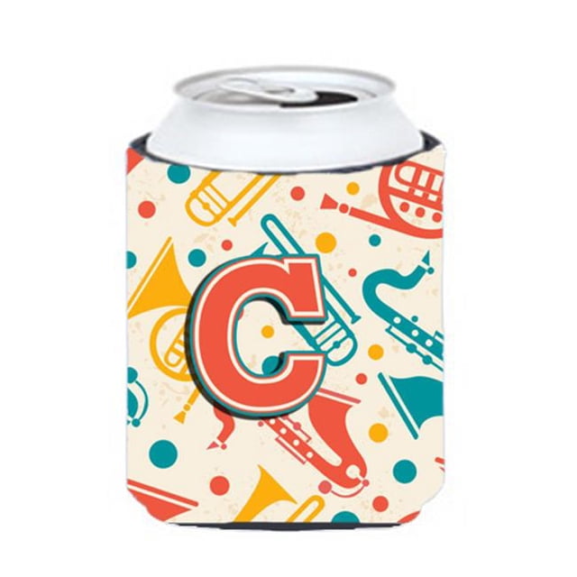 Letter C Retro Teal Orange Musical Instruments Initial Can & Bottle Hugger