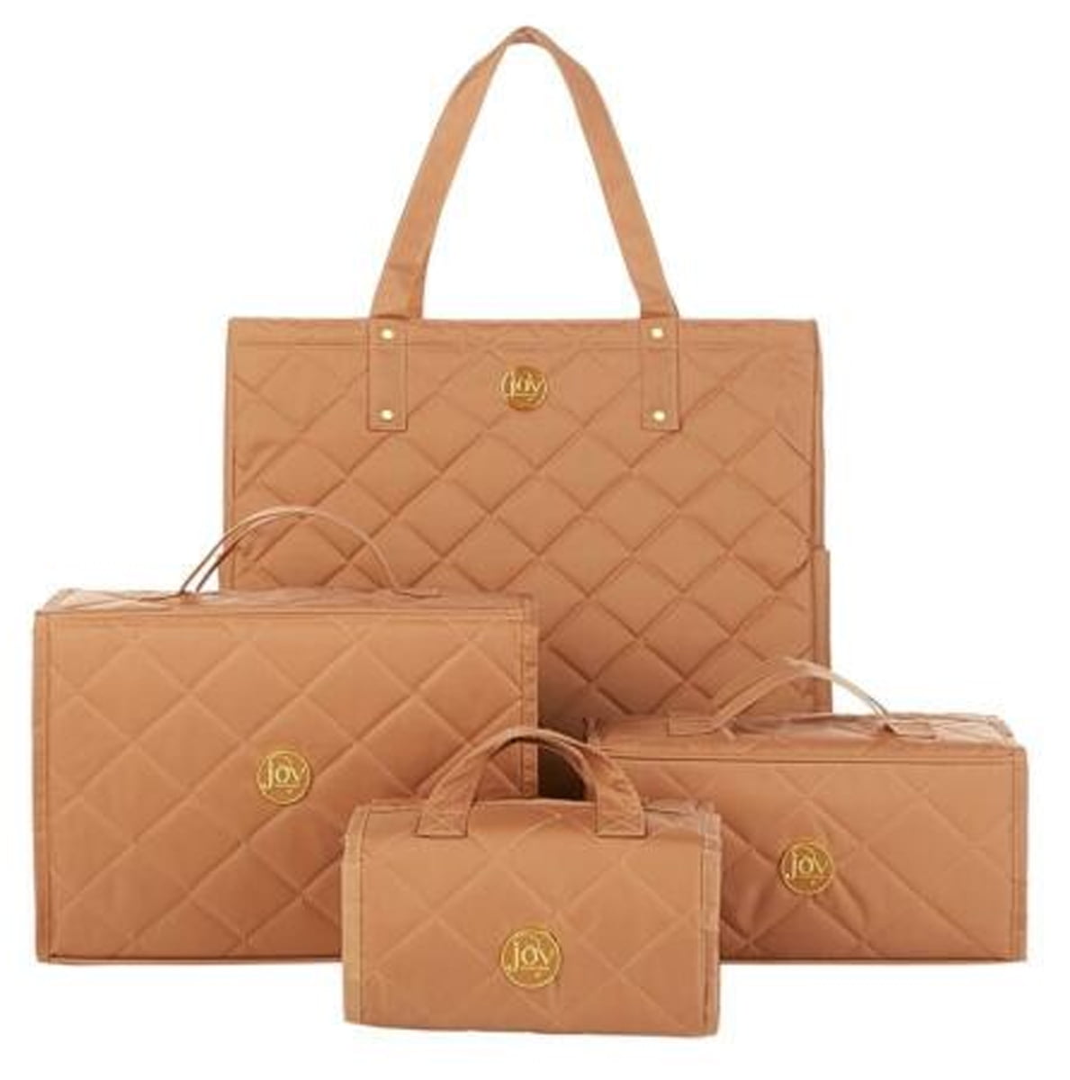 Joy Mangano 4piece Quilted Better Beauty Case Set w/RFID Big Shopper Tote Camel
