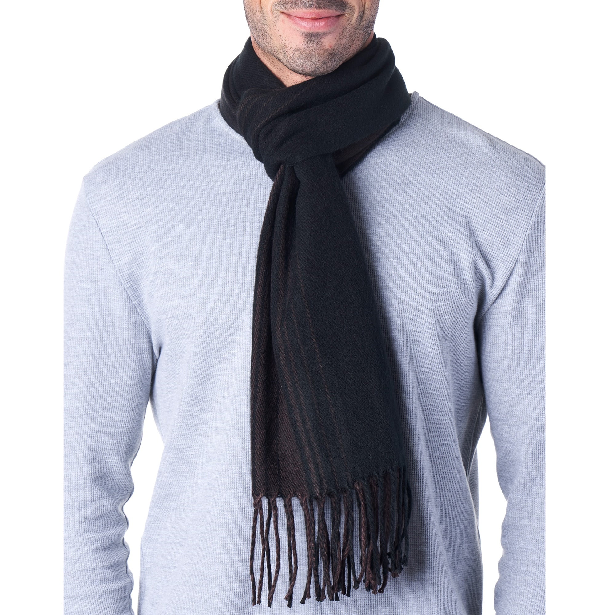 Men's Long Scarf Wrap Light-weight woven Stripe and solid w/ Fringe Blues Soft 