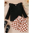 thumbnail image 2 of Seyurigaoka 3Pcs Toddler Baby Girls Skirt Set Long Sleeve Crew Neck Ribbed T-shirt + Plaid Pattern Skirt + Belt Fall Casual Outfit, 2 of 9