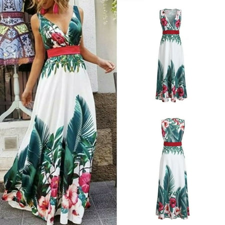 Bird Print Dress Women Boho Sleeveless Maxi Dress Floral Print Ladies Cocktail Party Evening Summer Beach Sundress ()