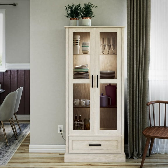 Sherman Curio Cabinet with Glass Doors and Storage Drawer, White Oak