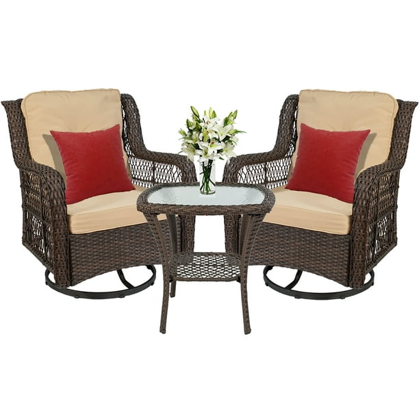 Outdoor Wicker Patio Bistro Set With 360 Degree Swivel Rocking Chairs Of 2 And Matching Side Table Beige Com Outdoor Wicker Patio Bistro Set With, Wicker Patio Furniture Set With Swivel Chairs