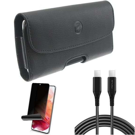 Privacy Screen Protector & 6ft Long USB-C Cable & Case Belt Clip for Samsung Galaxy S22 (6.1") - TPU Film Fingerprint Works & PD Fast Charger Cord Power & Leather Holster Accessory Bundle