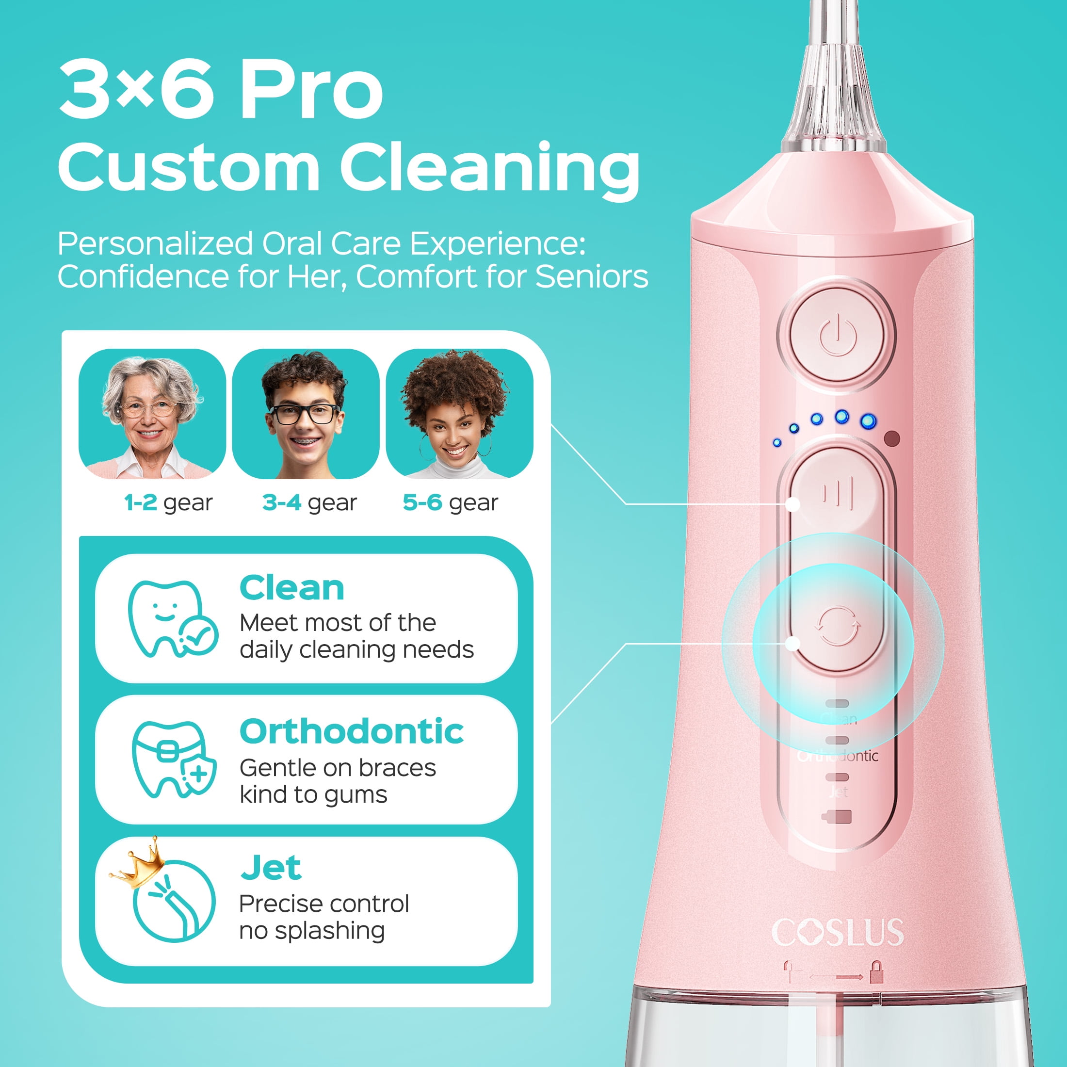 COSLUS CX51 Portable Water Flosser for Teeth,3 Modes 6 Intensity Professional Electric Water Dental Pick for Sensitive Gums, Braces for Travel Home Pink