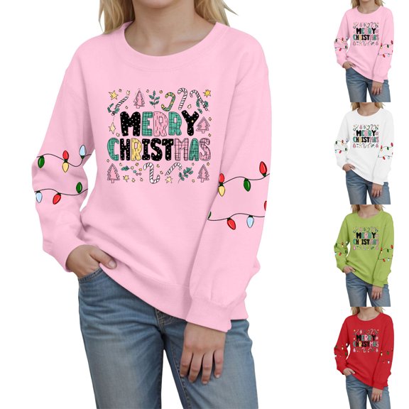 Ulanda Christmas Shirts for Teens Girls Xmas Tree Print Raglan Long Sleeve Loose Shirts Crew Neck Tops Baggy Snowflake Blouse (Pink, 2-3 Years)