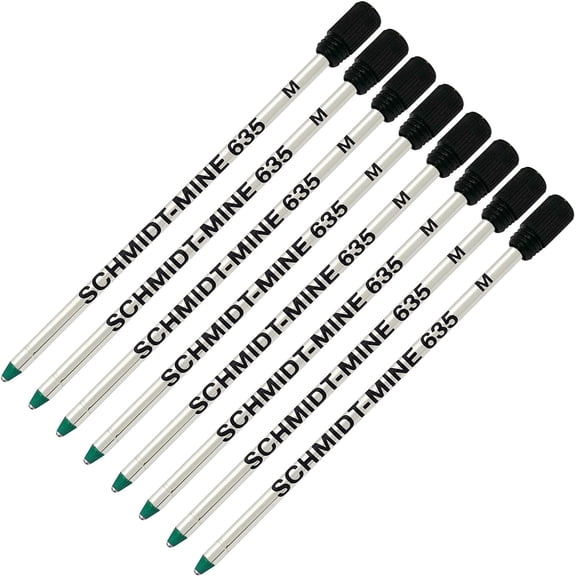 Schmidt 635 D1 Mine Ballpoint Refill - Green Ink - Medium Tip 0.7mm - Pack of 8 (with Plastic End Cap)