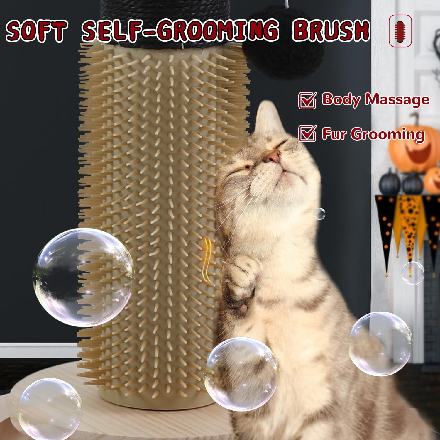 Gothic Black Cat Scratching Post with Sisal Rope, Interactive Ball Toys, and Self-Groomer Brush for Large Indoor Cats