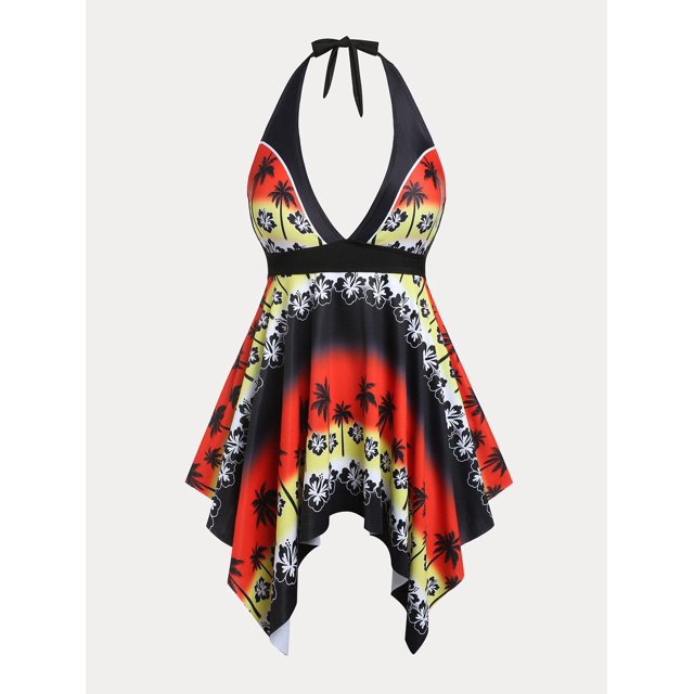 Tankini en Talla Extra con Estampado Tropical Rosegal Camisetas sin mangas de talla grande