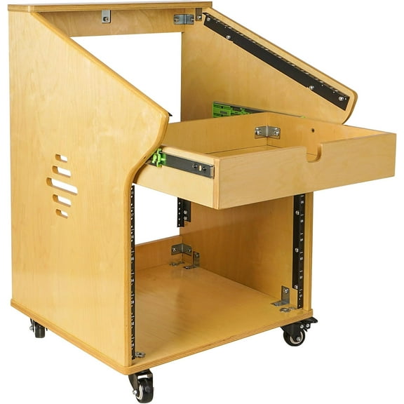 Sound Town DIY Studio Rack with 11U Slant Mixer Top, 8U Front, 2U Drawer, Rubber Feet, Casters, Baltic Plywood, Golden Oak (SDRK-M11X8)