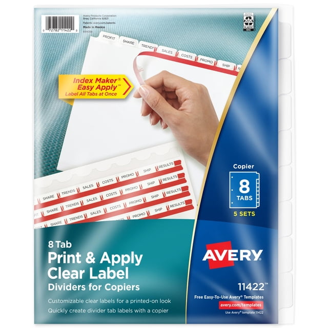 Carpeta Tab Dividers Avery 8 para 3 anillas con etiqueta transparente, 5 juegos