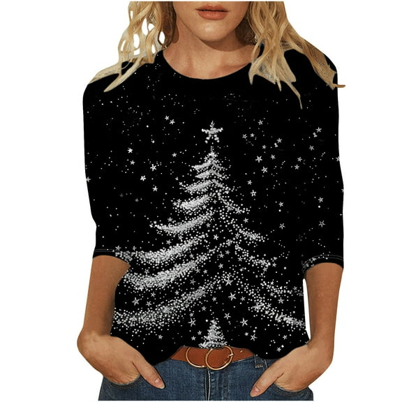 Womens Casual Christmas 3/4 Sleeve Tee Shirts Women Sweatshirt With Zipper Long Sweaters Trendy Zip Up Sweatshirt Cotton Fall Tops